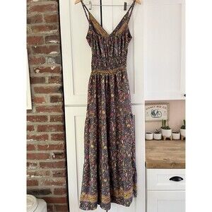Royal Paisley Floral V-Neck Strappy Whimsy Boho Maxi Dress Adjustable M
